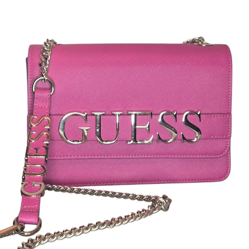 Guess Fuchsia Quilted Logo Crossbody Bag Hot Pink Purse Chain Strap